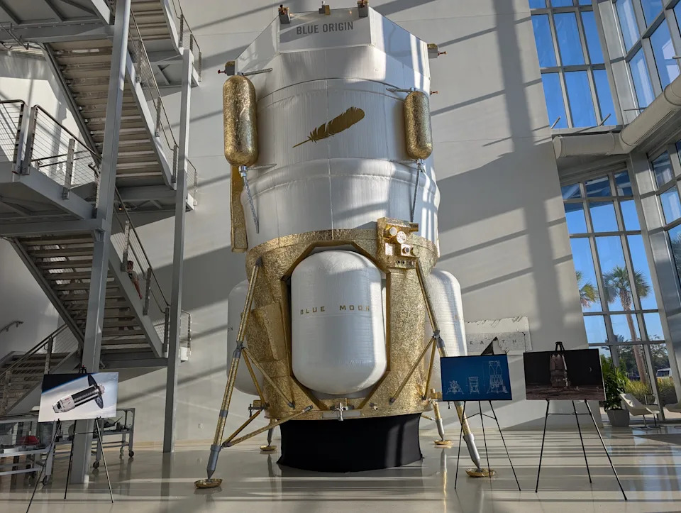 A mockup of Blue Origin's Mark 1 (MK1) lunar lander on display inside the lobby of the company's Florida facility on Merritt Island near the Kennedy Space Center.