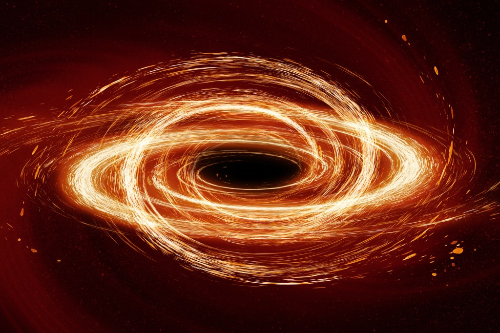 Illustration of a black hole with an orange and white swirling accretion disk.