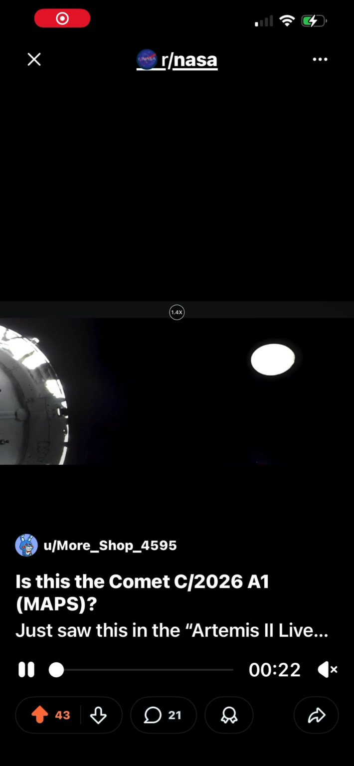 From Artemis. They are saying it is ice/junk. Figured you guys would appreciate the footage.