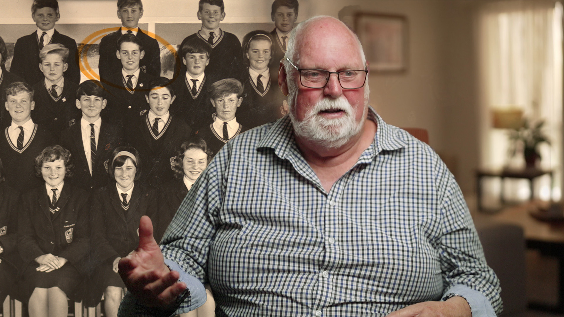 Two images together one of 1960s school children in standing rows, and a man in his 60s seated