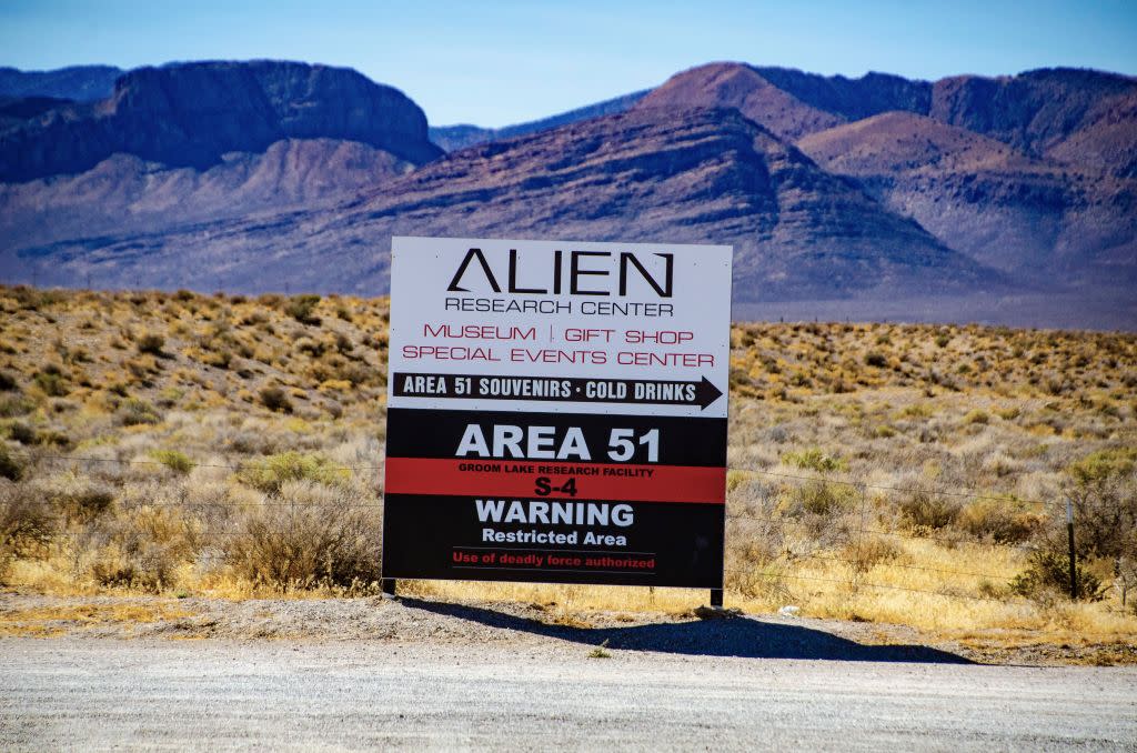What lies beyond this Area 51 warning sign is still one of America’s most closely guarded secrets. Education Images/Universal Images Group via Getty Images