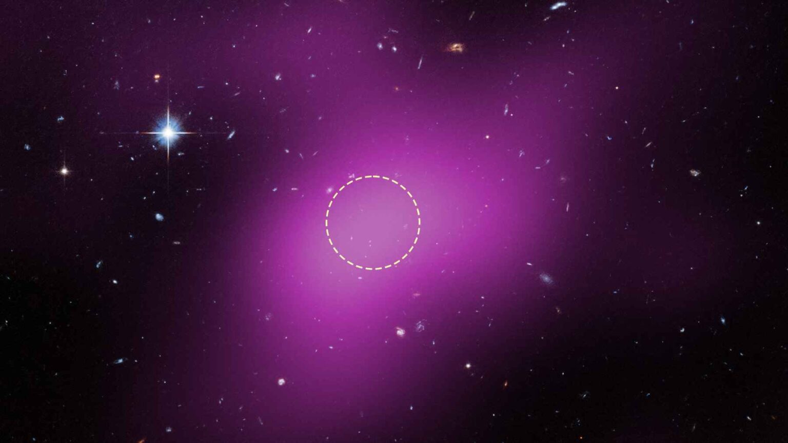 Astronomers suspect they have discovered an object that could reveal one of the greatest mysteries of the universe Composite space image showing a faint circled object inside a purple dark matter-rich region, linked to the Cloud 9 discovery