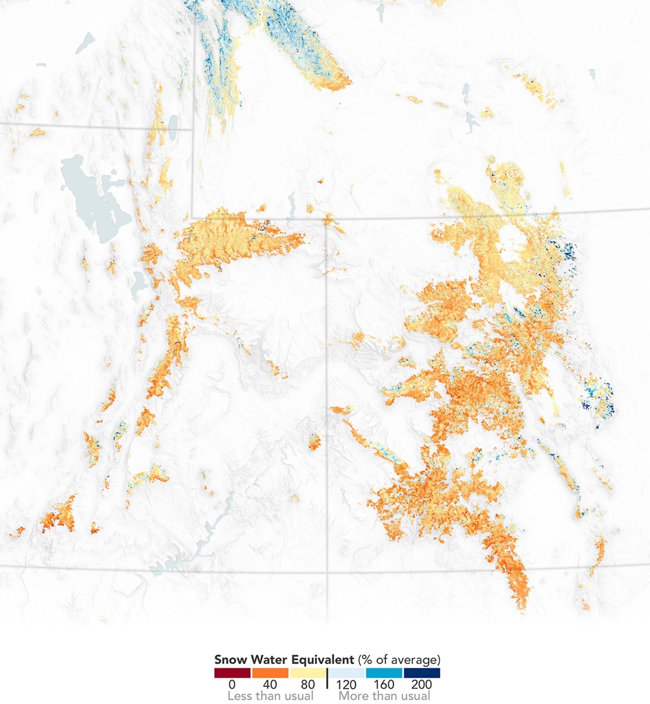 A map depicts below-average snow water equivalent amounts in most mountainous areas of the Upper Colorado Basin.