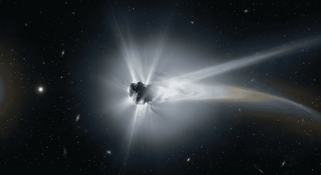 Comet with luminous tail traveling through space with stars in the background.