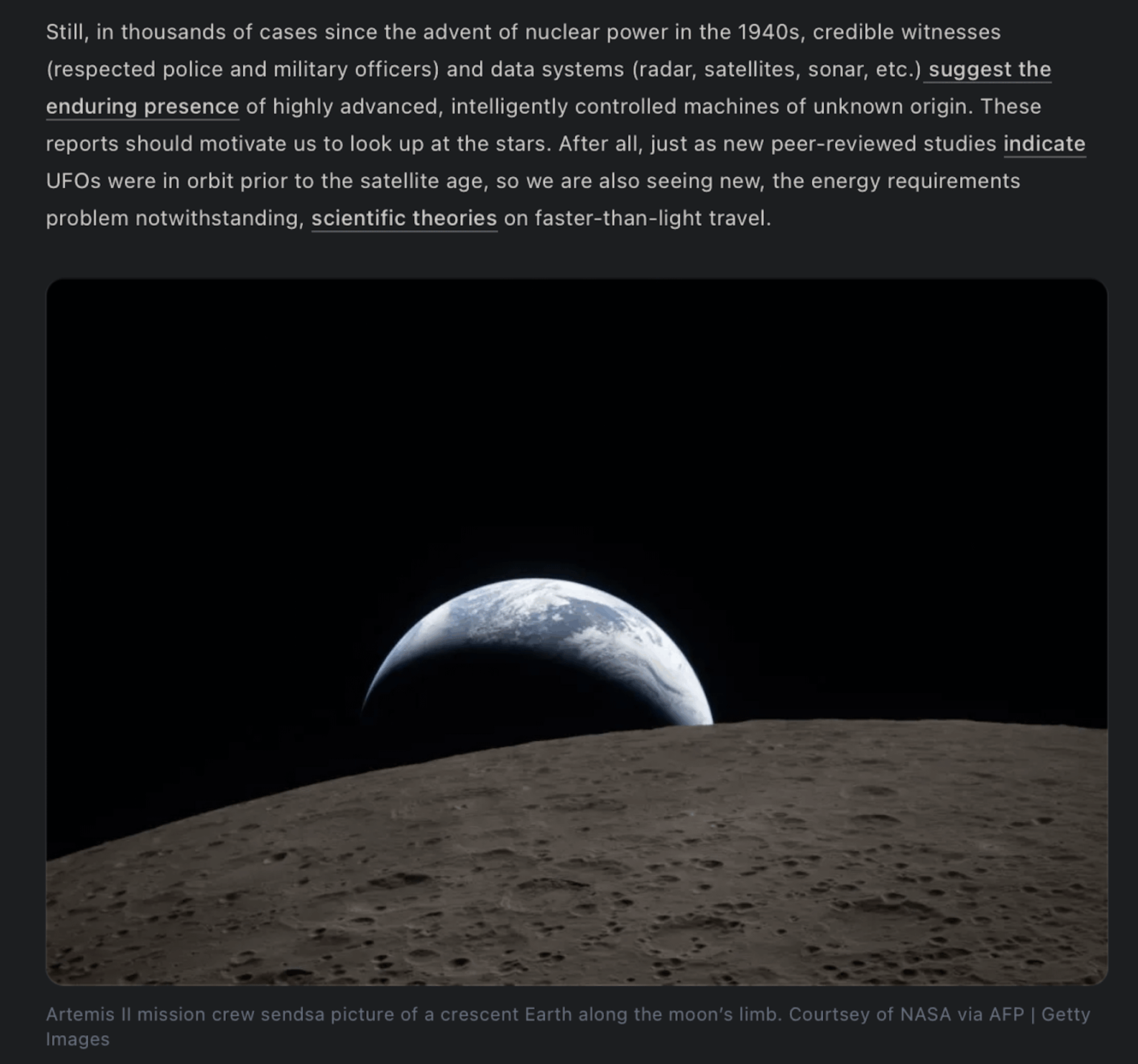 Washington Examiner casually dropping UFO knowledge in Artemis II article - Data suggests "enduring presence of highly advanced intelligently controlled machines of unknown origin" since advent of nuclear power. Mentions Dr. Villarroel's study indicating UFOs were in orbit prior to the satellite age