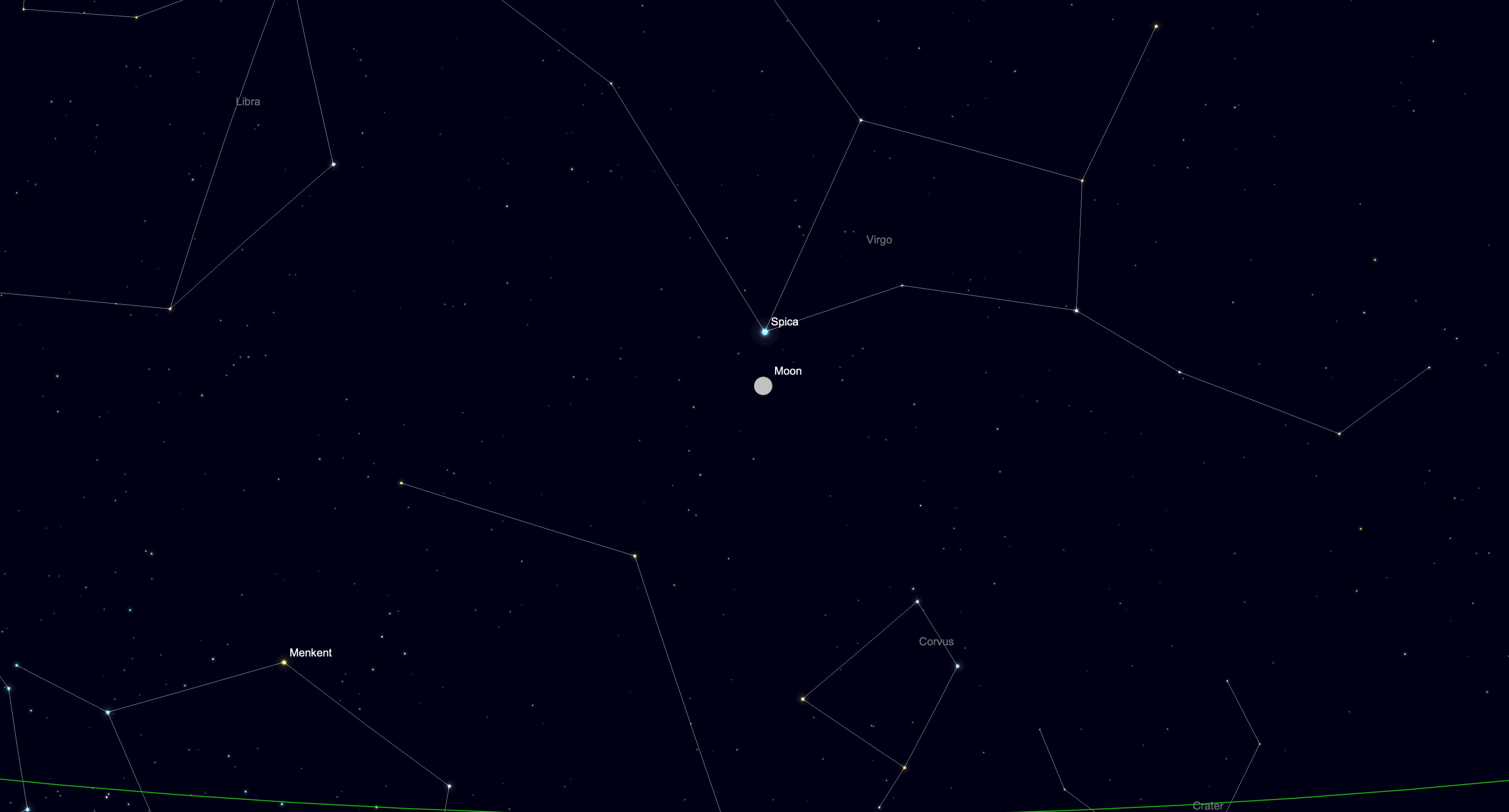 A simulation of the night sky for April 29 showing the full moon below Spica, the brightest star in the constellation Virgo. The stars of major constellations are connected by white lines in a black sky dotted with lesser stars.