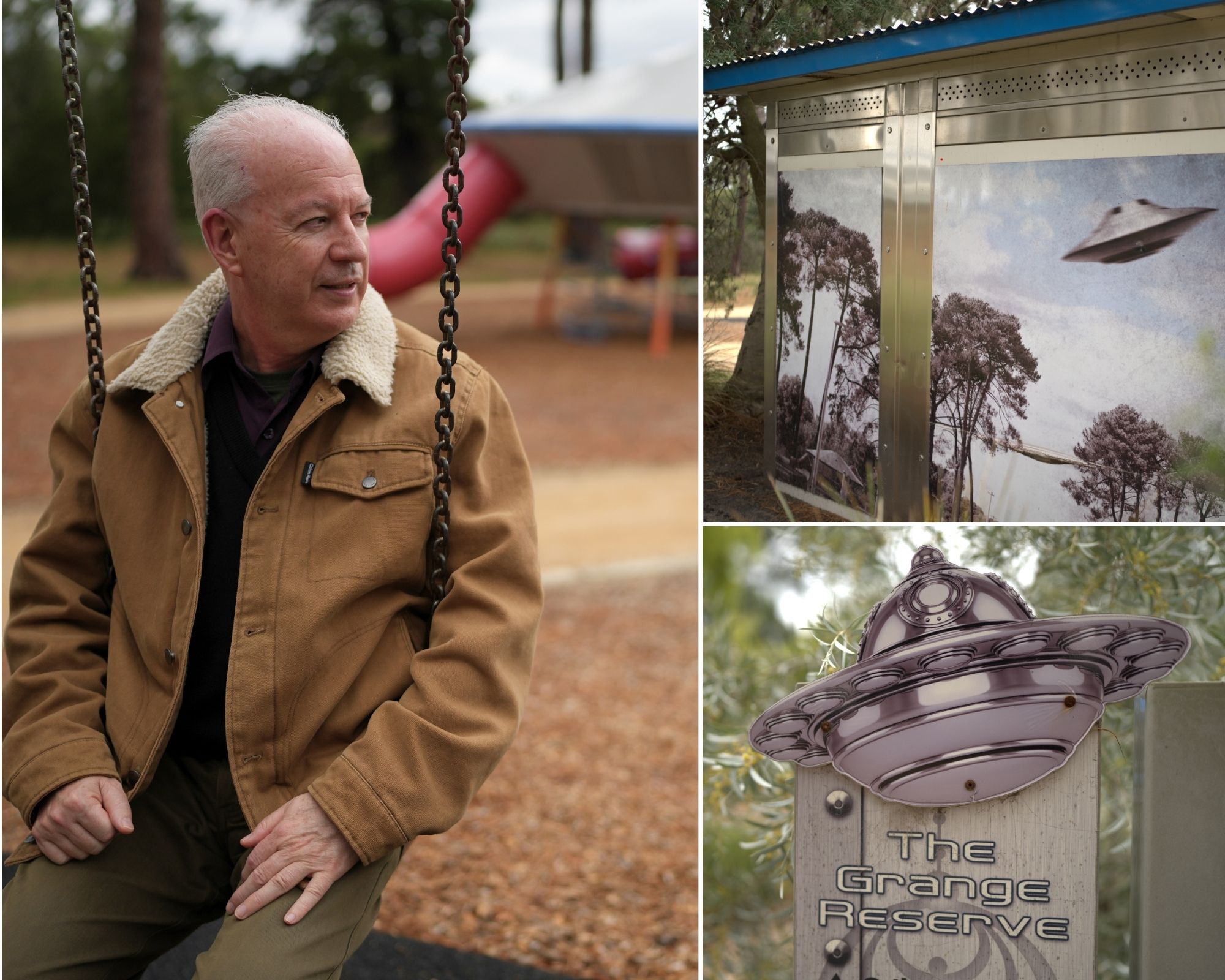 Man in brown jacket sits in a swing at a playground that is UFO themed