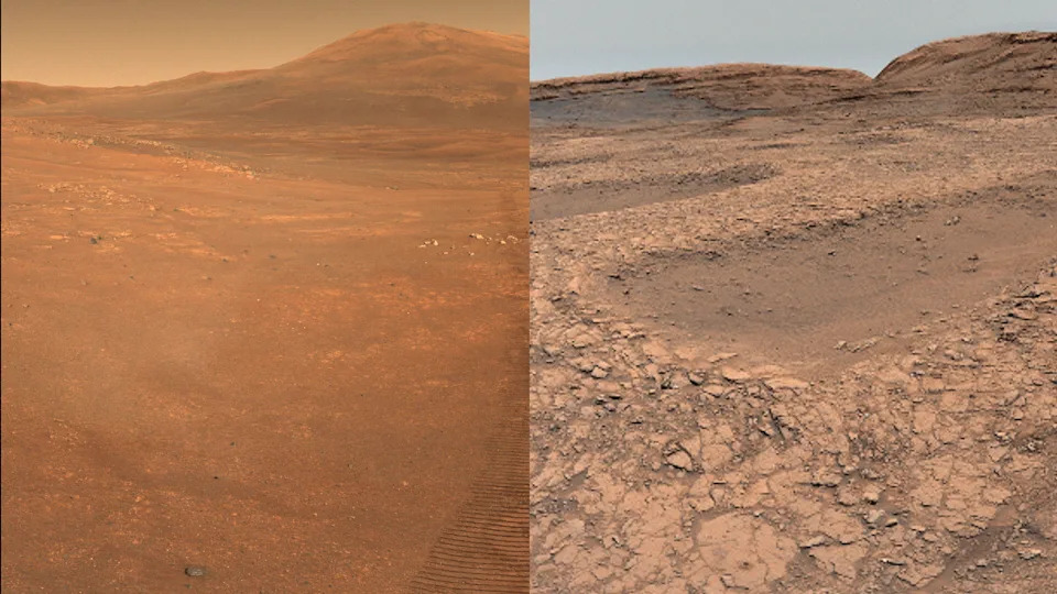 A side-by-side image shows two areas of Mars taken by NASA's two rovers on the planet about 2,300 miles apart. On the left is a panorama taken by the Perseverance rover as it travels on the rim of the Jezero Crater. On the right is an image from the Curiosity rover as it roams the Gale Crater.