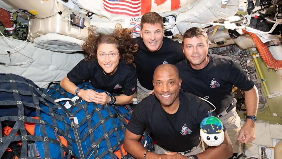 The Artemis II crew: Christina Koch, Jeremy Hansen, Reid Wiseman, and Victor Glover, pictured on April 7. / NASA