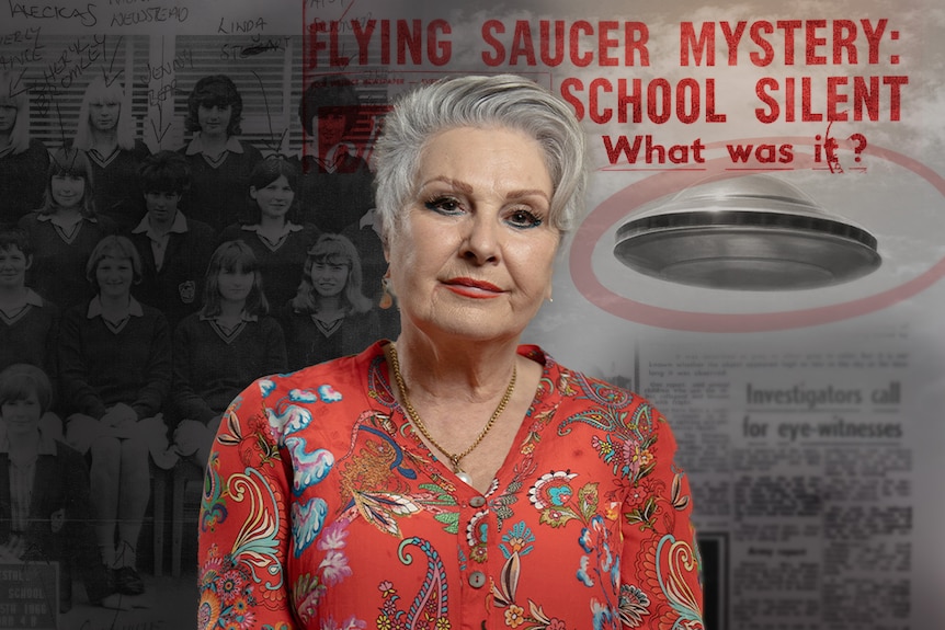 A woman with short grey hair wearing a red top focus of graphics design image with 'flyer saucer mystery' newspaper behind