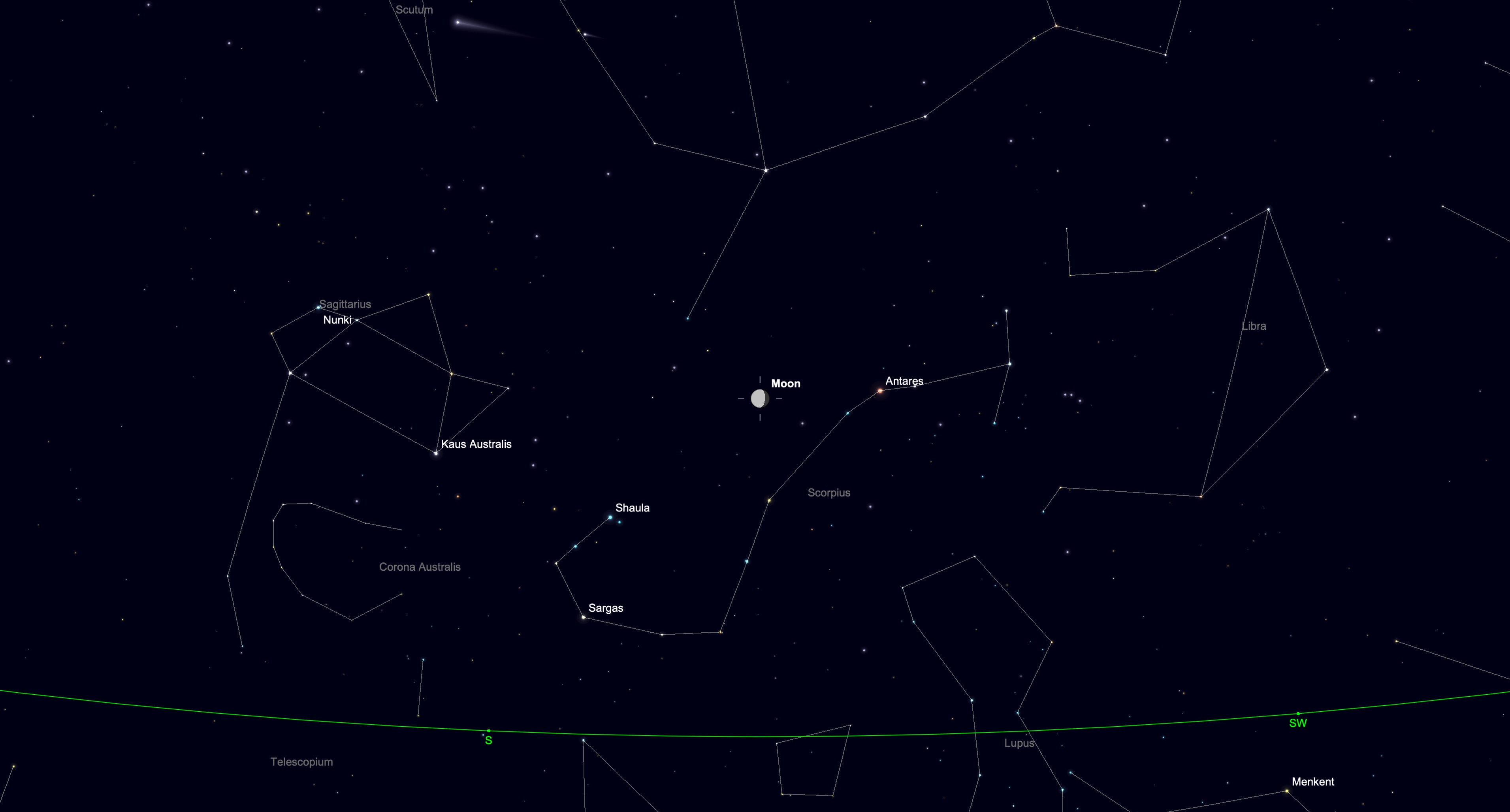 A simulation of the night sky for April 7 showing the waning gibbous moon to the left of the red star Antares in the constellation Scorpius. The stars of major constellations are connected by white lines in a black sky dotted with lesser stars.