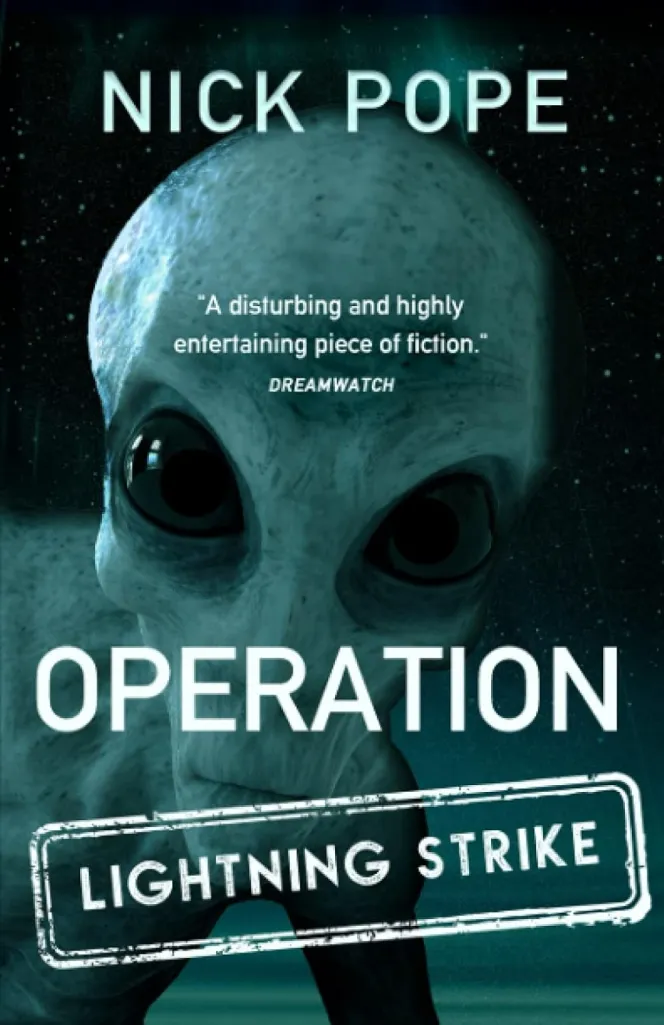 Illustration of an alien with large black eyes on the cover of the book "Operation Lightning Strike" by Nick Pope.