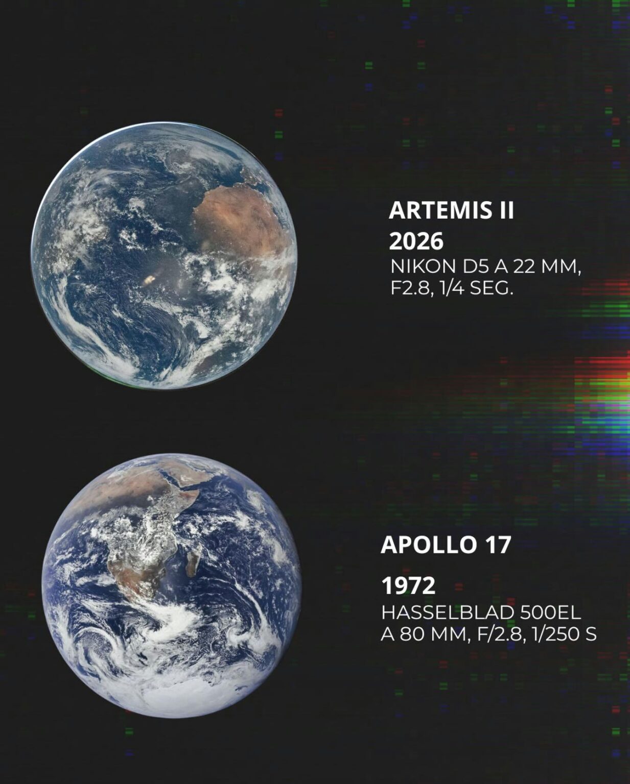Apolo 17 (1972) Hasselblad 500EL | 80 mm | f/2.8 | 1/250 s Vs Artemis II (2026) Nikon D5 | 22 mm | f/2.8 | 1/4 s