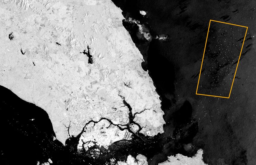 Synthetic Aperture Radar (SAR) satellite imagery shows ships inside the Eastern Outer Port Limit off Malaysia’s coast on April 18th, 2026.