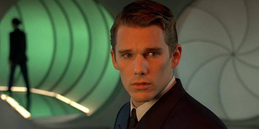 Ethan Hawke looking back at something in Gattaca