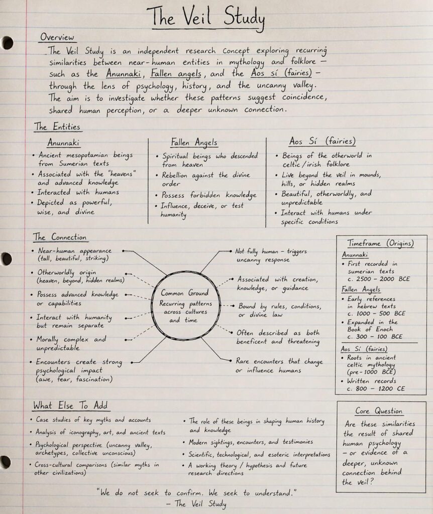 I’m developing “The Veil Study,” examining why distinct cultures independently describe similar near-human entities. From Anunnaki to Aos Sì, shared traits align with the uncanny valley effect. Is this cognitive bias, convergent mythology, or an unexplained pattern? Seeking input.