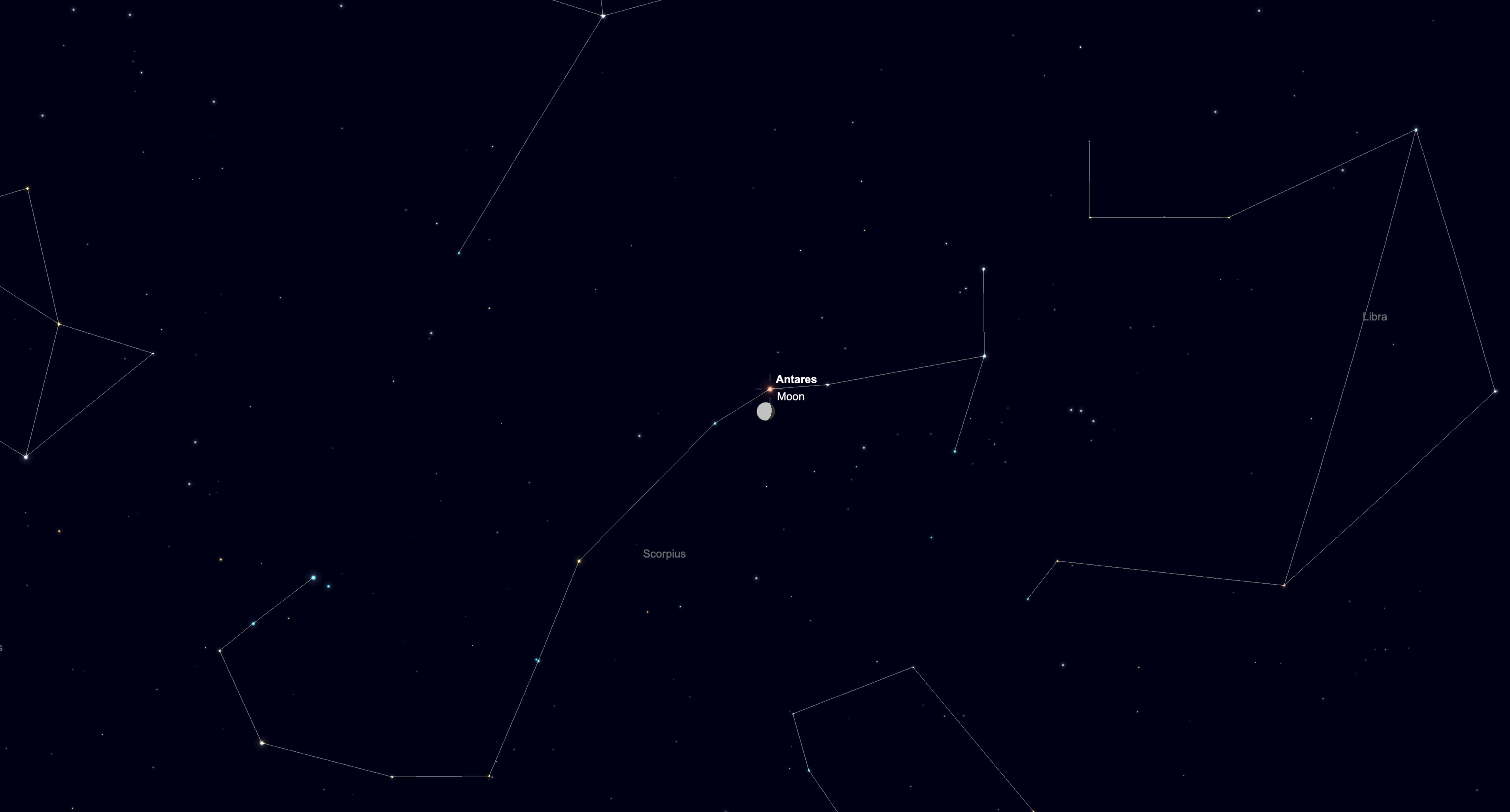 A simulation of the night sky for April 6 showing the waning gibbous moon below the red star Antares in the constellation Scorpius. The stars of major constellations are connected by white lines, including those of Libra which are visible to the right of Scorpius.