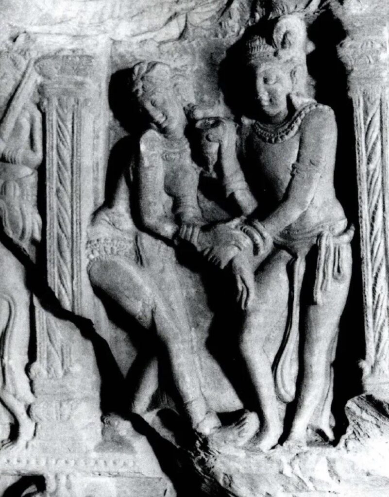Woman rejecting the cup of wine offered by her lover, c. 300 CE, Nagarjunakonda.