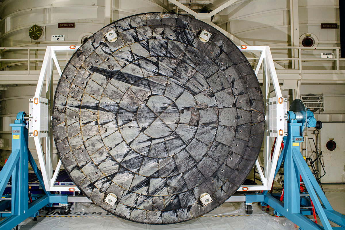 This photo shows the charred heat shield of the Orion capsule after NASA's uncrewed Artemis 1 mission.