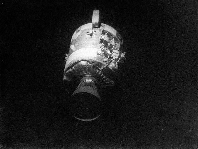Severely damaged Apollo 13 Service Module (SM) was photographed on April 17, 1970 from the Lunar Module/Command Module (LM/CM) following SM jettisoning