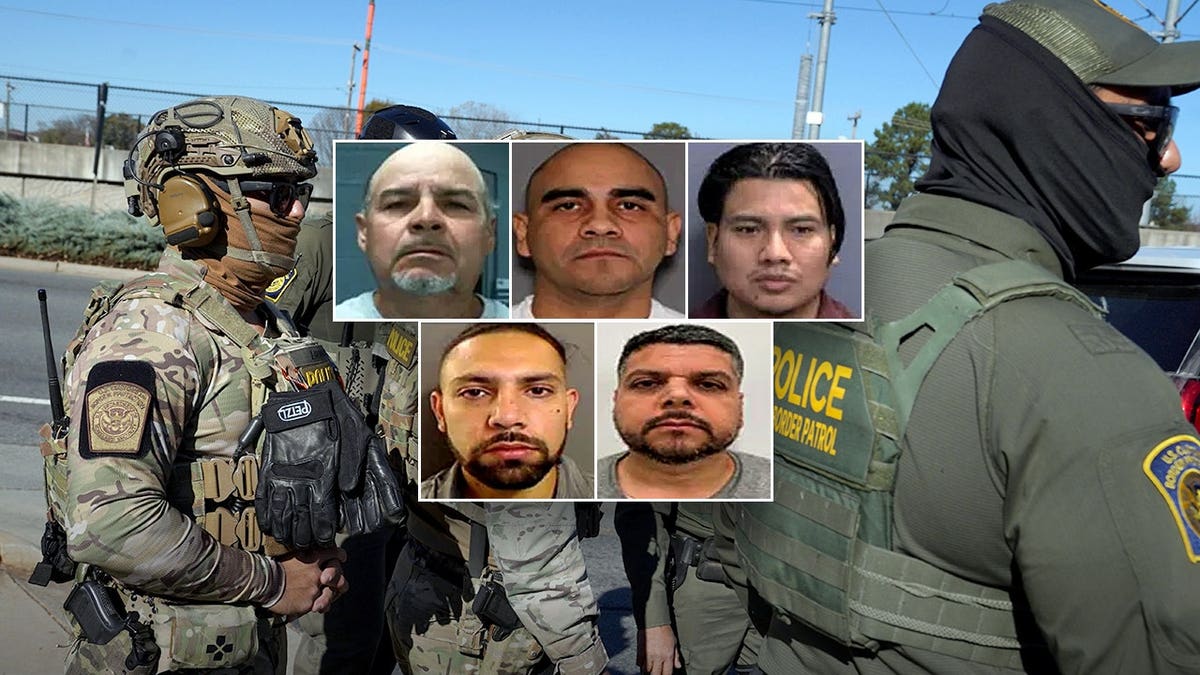 Law enforcement officers in tactical gear stand during an operation, with inset mugshots of several men identified as individuals arrested by ICE.