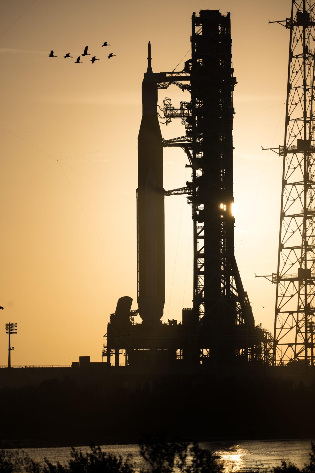NASA’s Artemis II Space Launch System (SLS) rocket and Orion spacecraft are seen at sunset at on Tuesday, March 31, 2026.
