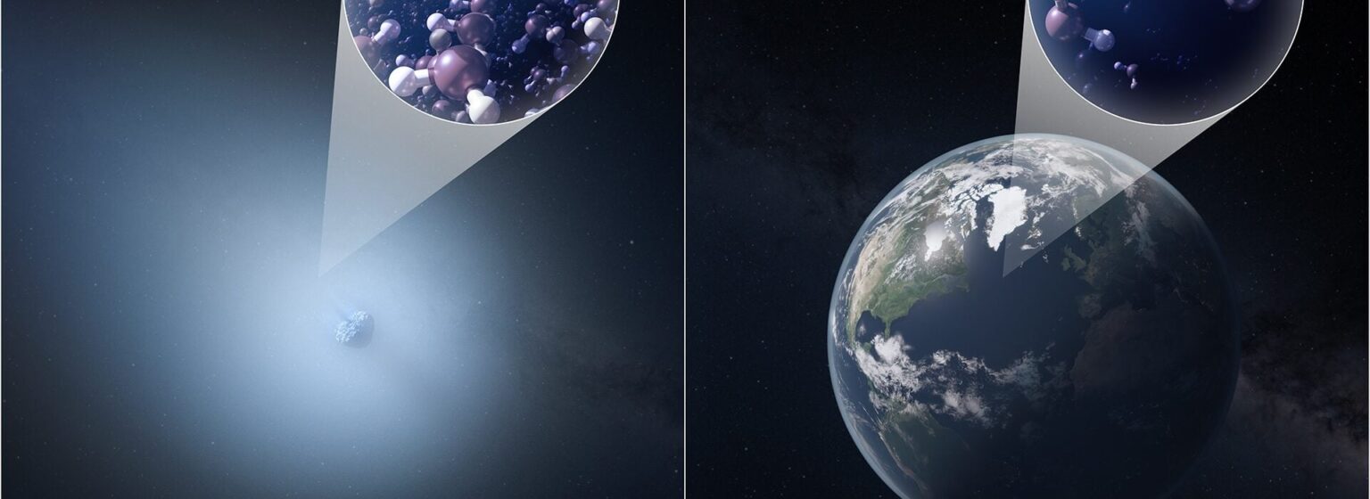 This artist’s impression compares the semi-heavy water content of the interstellar comet 3I/ATLAS (left) and Earth (right). Credit: NSF/AUI/NSF NRAO/M.Weiss
