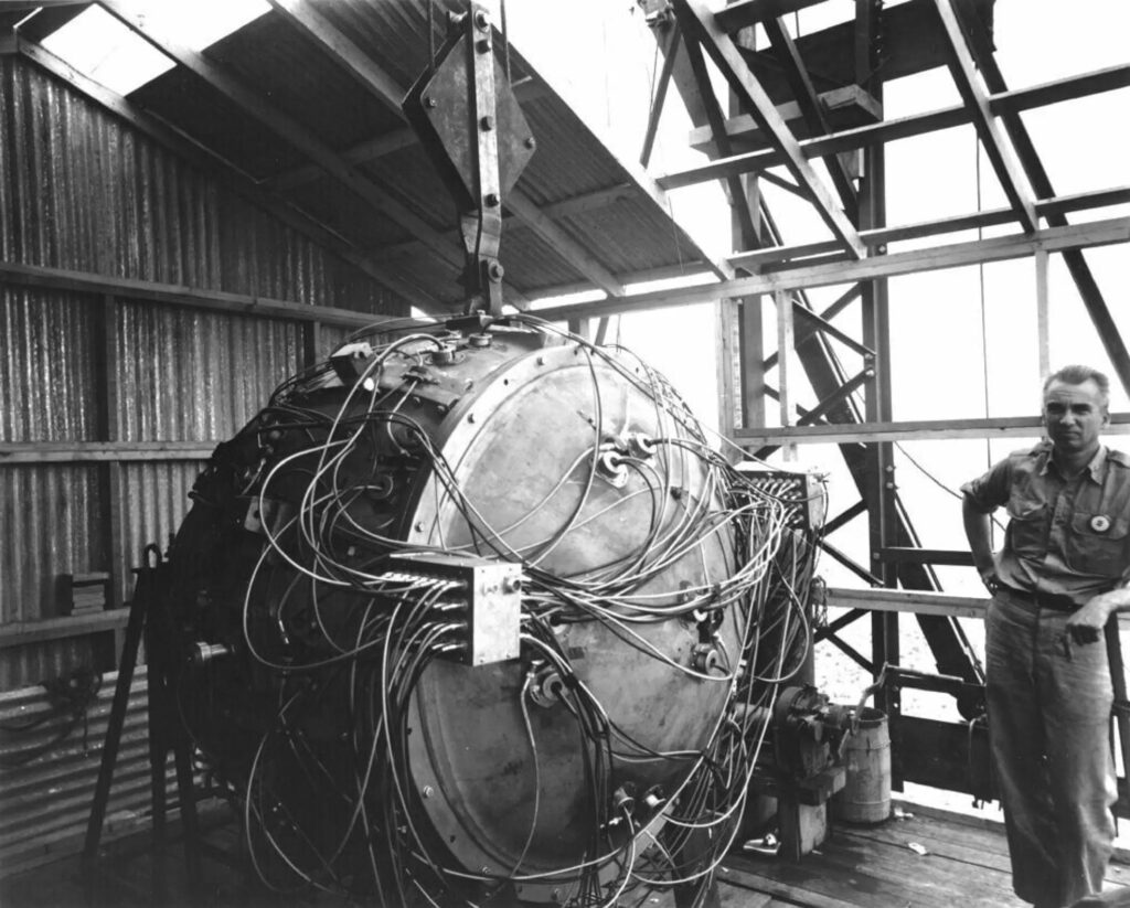 The explosive device detonated at the Trinity Site, known as the Gadget. (Source: Los Alamos National Laboratory)