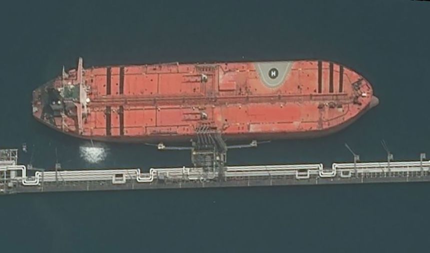 Recently intercepted tanker vessel MT Tifani seen docked at Iran's Kharg Island terminal on April 6, 2026.