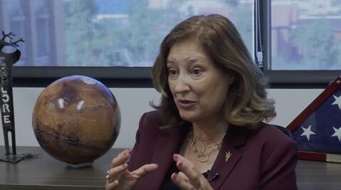 Laurie Leshin in her office on April 7, 2026. Leshin is the former NASA Jet Propulsion Laboratory director who is now a professor at Arizona State University. 