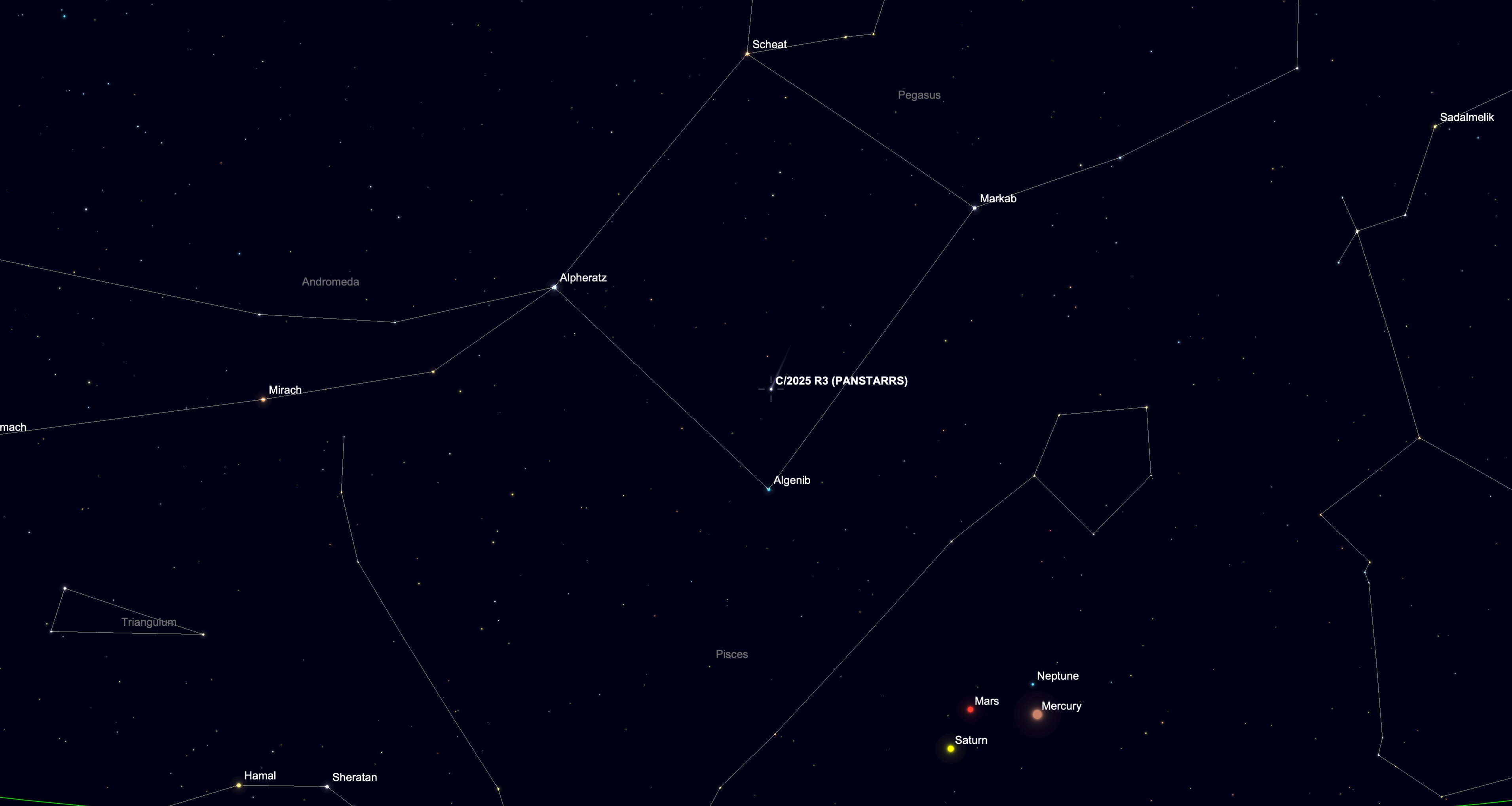 A simulation of the night sky for April 13 showing the location of the comet C/2025 R3 (PANSTARRS) as it travels through the Great Square of Pegasus asterism. The stars of major constellations are connected by white lines in a black sky dotted with lesser stars. Saturn, Mars, Mercury and Neptune are clustered towards the lower right of the image.
