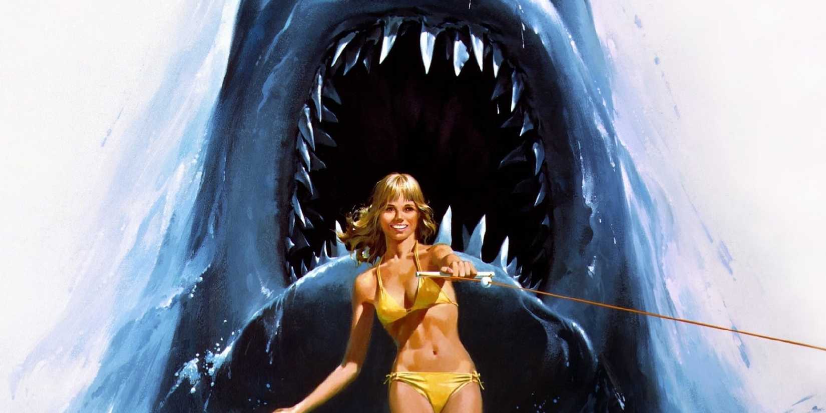 A woman with a shark's mouth behind her in Jaws 2