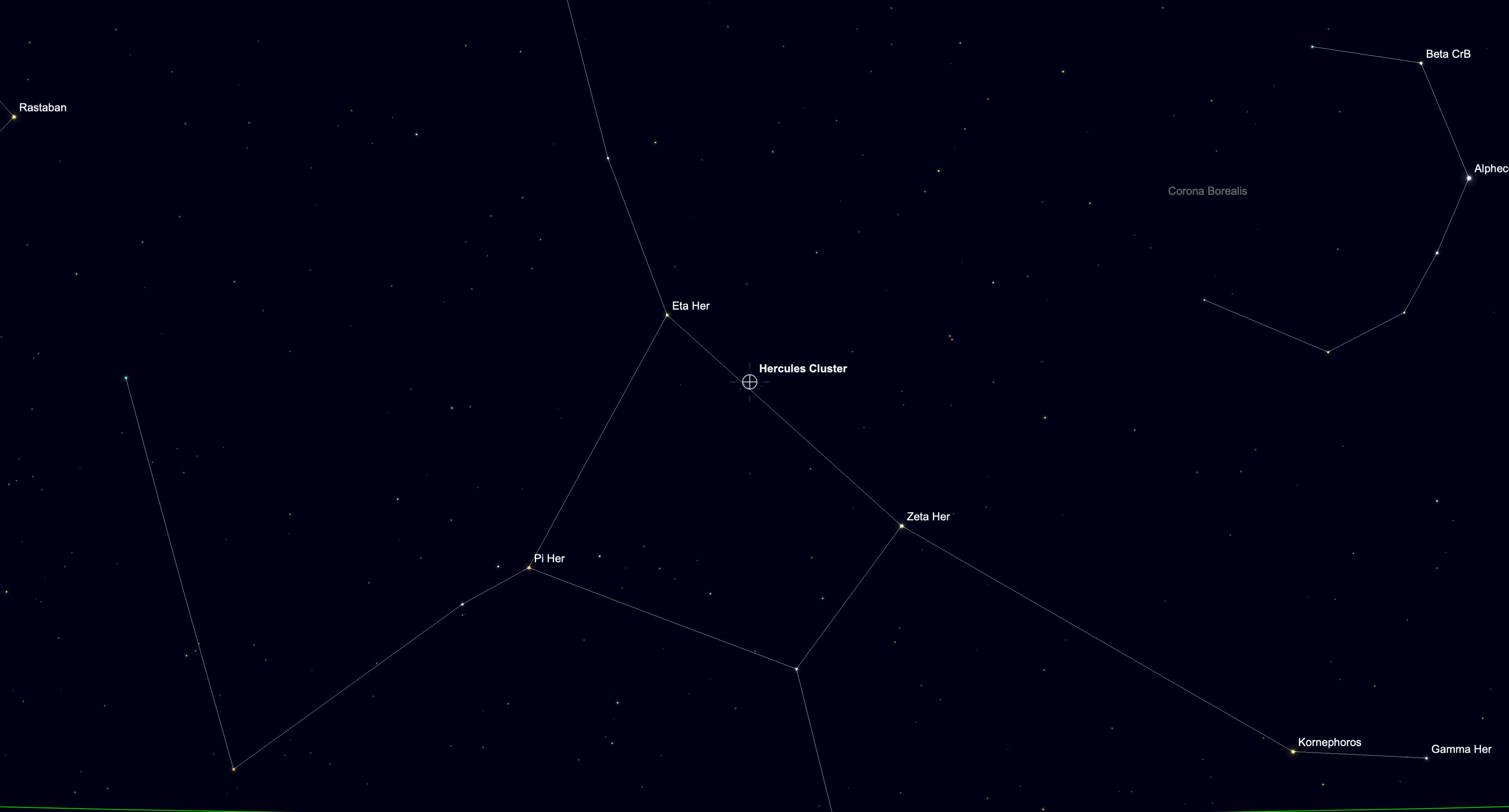 A simulation of the night sky for April 9 showing the location of the Hercules star cluster in the constellation Hercules. The stars of major constellations are connected by white lines in a black sky dotted with lesser stars. The constellation Corona Borealis is shown to the upper right of the screen.