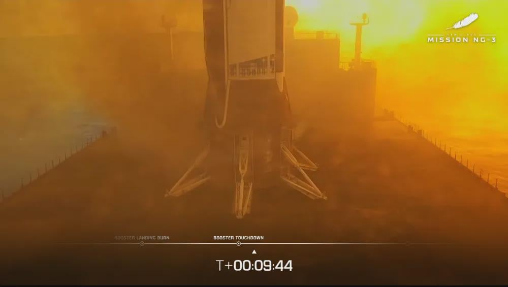 Blue Origin has managed to land the booster "Never Tell Me The Odds" for the second time on landing barge Jacklyn during NG-3 mission