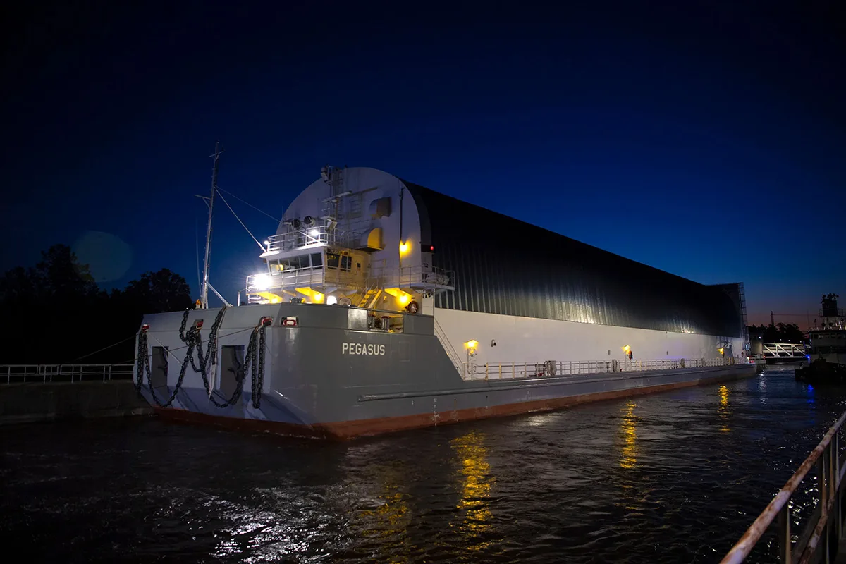 NASA’s Pegasus barge is used for transporting the Space Launch System rockets in preparation for the Artemis missions. Credit: NASA