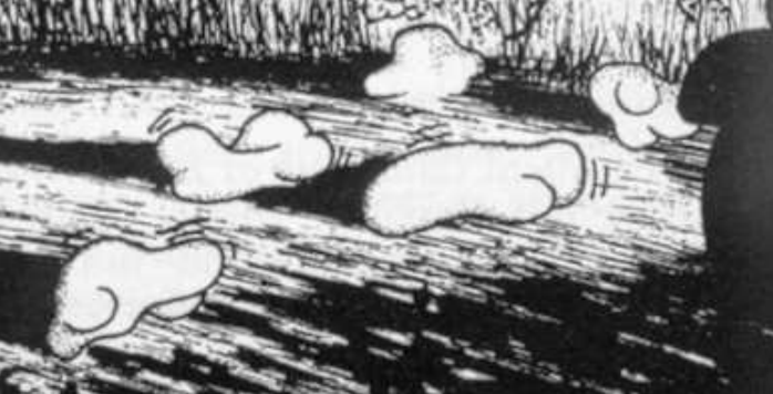 France 1960 - two witnesses claimed to see a red object in the sky, and a swarm of creatures on the road like 'sacks of potatoes', seeming to move by contraction and the inflation and deflation of their swellings