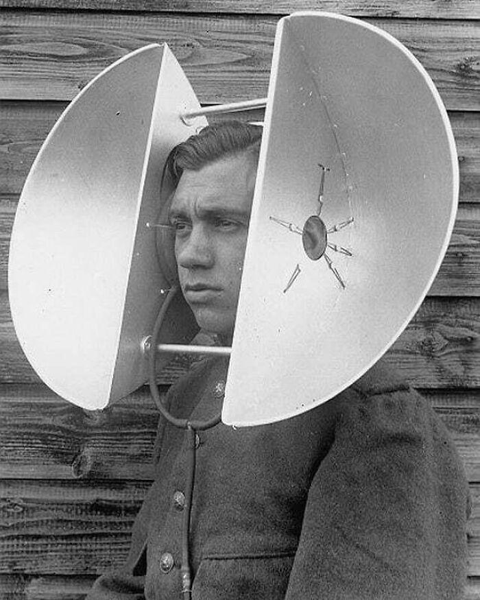 Miniaturized listening devices for the improved mobility for Detecting enemy aircraft before the invention of Radar, concept from The Netherlands, 1930s