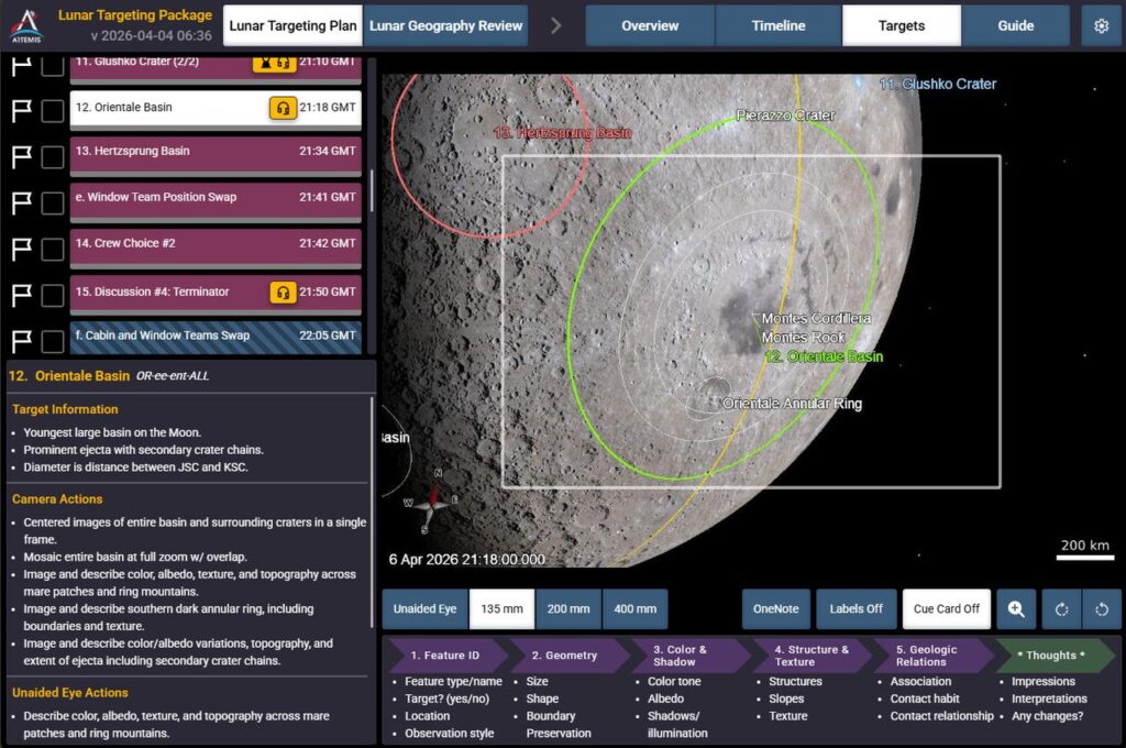 Artemis II Lunar Targeting Plan A computer interface displays a lunar‑mapping and targeting tool showing the Moon’s near‑terminator region with various outlined target areas. The right side of the screen shows a detailed lunar surface image overlaid with colored rings, labels, and boundaries, including markings for the Orientale Basin, Montes Rook, and the “Ejecta Ensemble: Outer Rook.” A timestamp at the bottom reads “6 Apr 2026 21:18:00.” The left panel lists mission timeline items, such as “12. Orientale Basin,” along with times and action notes. Tabs across the top indicate navigation options like Lunar Targeting Plan, Overview, Timeline, and Targets. Controls along the bottom allow switching between viewing modes, focal lengths, and map layers.