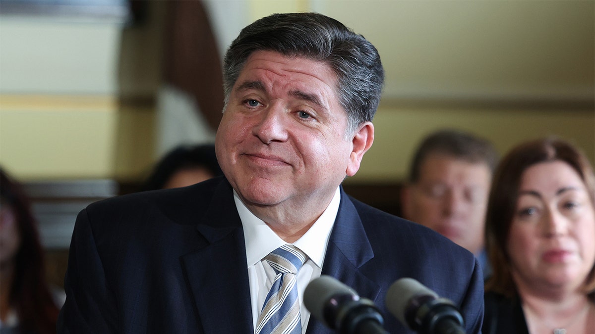 Gov. JB Pritzker answering questions at the Illinois Capitol in Springfield
