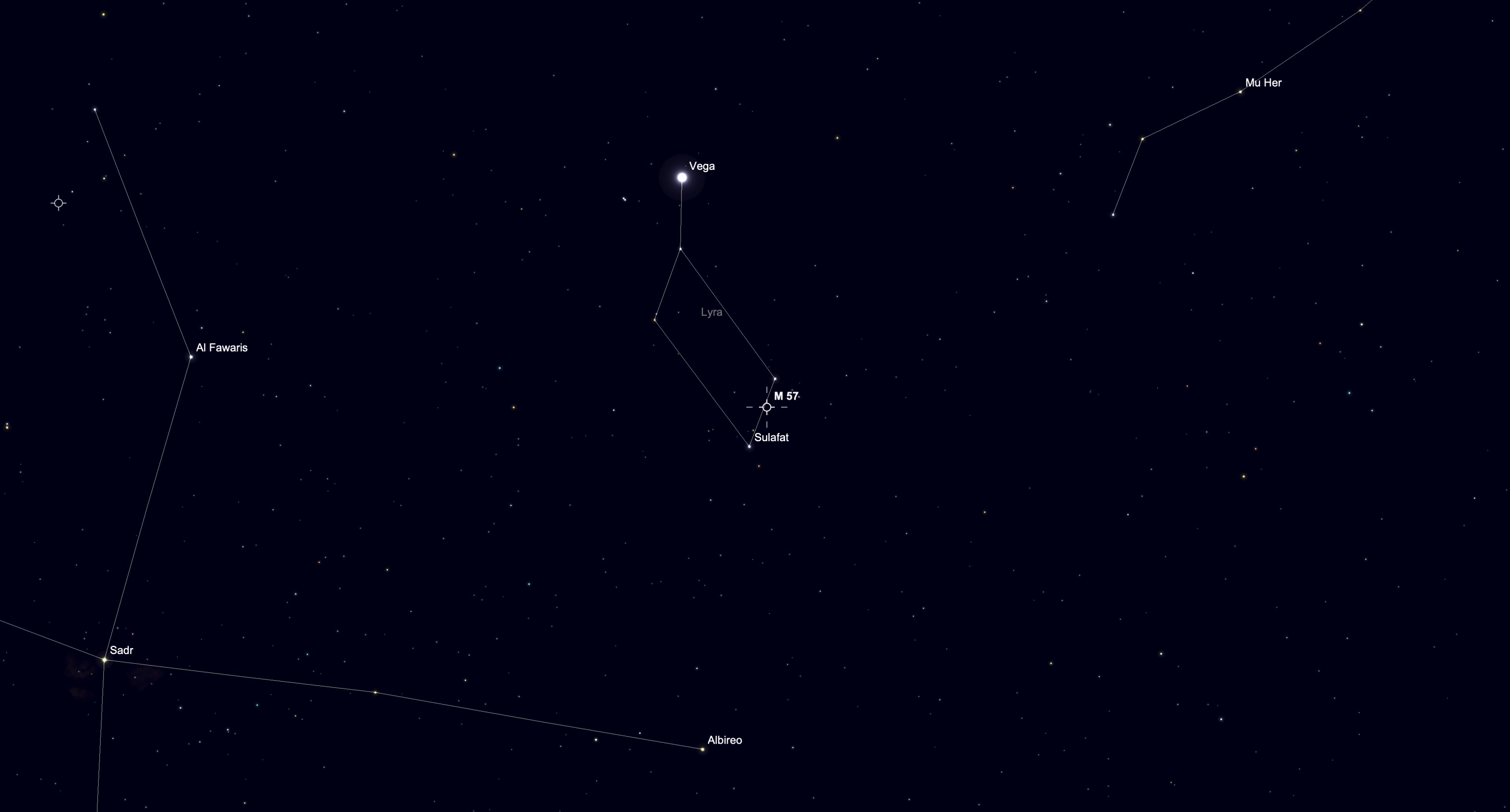 A simulation of the night sky for April 14 showing the bright star Vega with the other stars of the constellation Lyra positioned below. The stars of major constellations are connected by white lines in a black sky dotted with lesser stars.