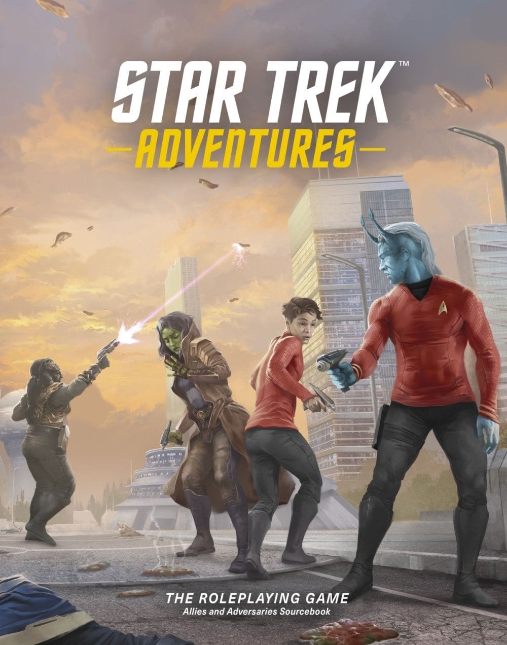 The book cover showing a Starfleet crew, phasers drawn in the middle of a city being attacked.