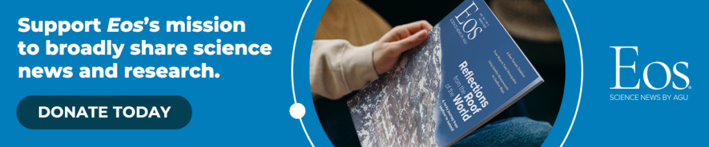 A photo of a hand holding a copy of an issue of Eos appears in a circle over a field of blue along with the Eos logo and the following text: Support Eos’s mission to broadly share science news and research. Below the text is a darker blue button that reads “donate today.”