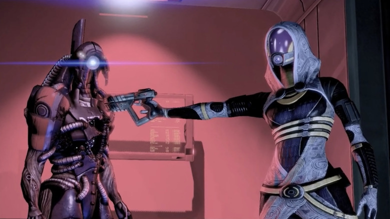Mass Effect 2 - Tali pointing gun at Legion