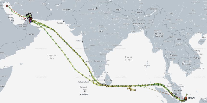 MarineTraffic data shows multiple journeys the MT Tifani took between the Persian Gulf and the EOPL from April 2025 until its seizure by US forces in April 2026.