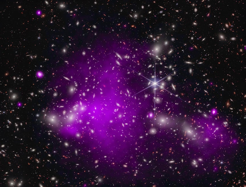 This galaxy, UHZ1, is 13.2 billion light-years away, seen when the universe was only 3% of its current age. NASA’s Chandra X-ray Observatory and James Webb Space Telescope joined forces to make this discovery.This is considered the best evidence to date that some early black holes formed from massive clouds of gas. Courtesy NASA/Chandra