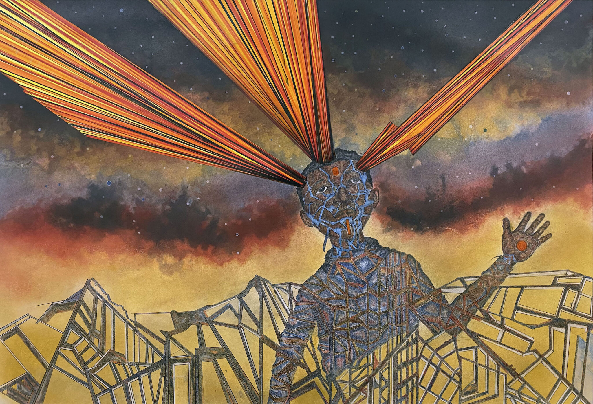 Rodney Ewing, “Celestial Mechanics,” 2023. Dry pigment, colored pencils, and ink on paper.