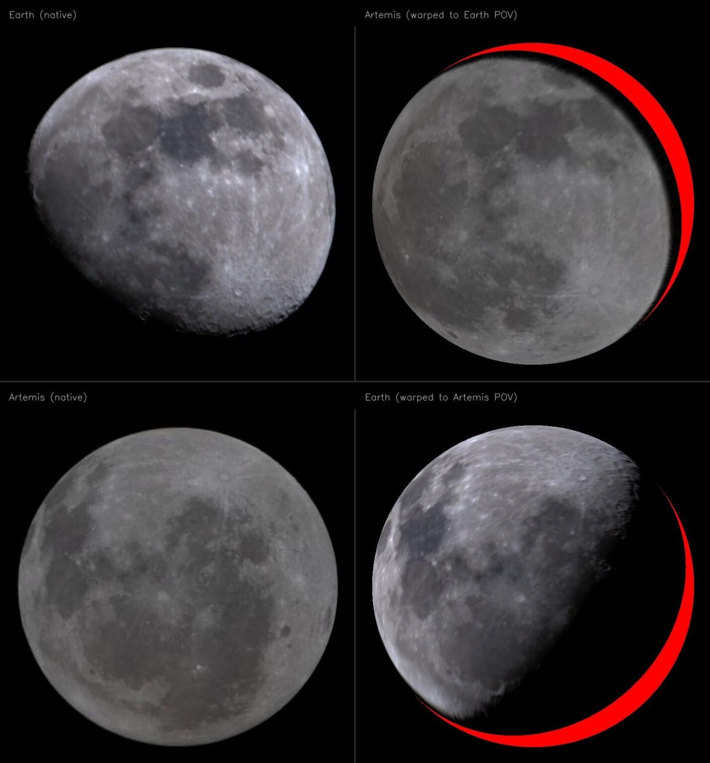 The moon as seen from Artemis II projected onto the view from Earth and vice versa