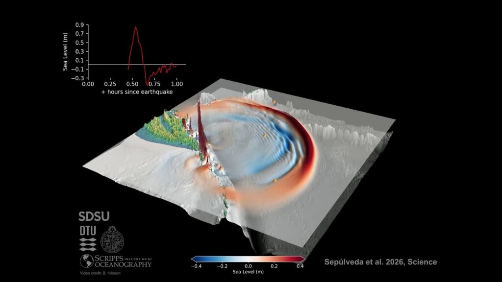 Computer model of a tsunami wave propagating.