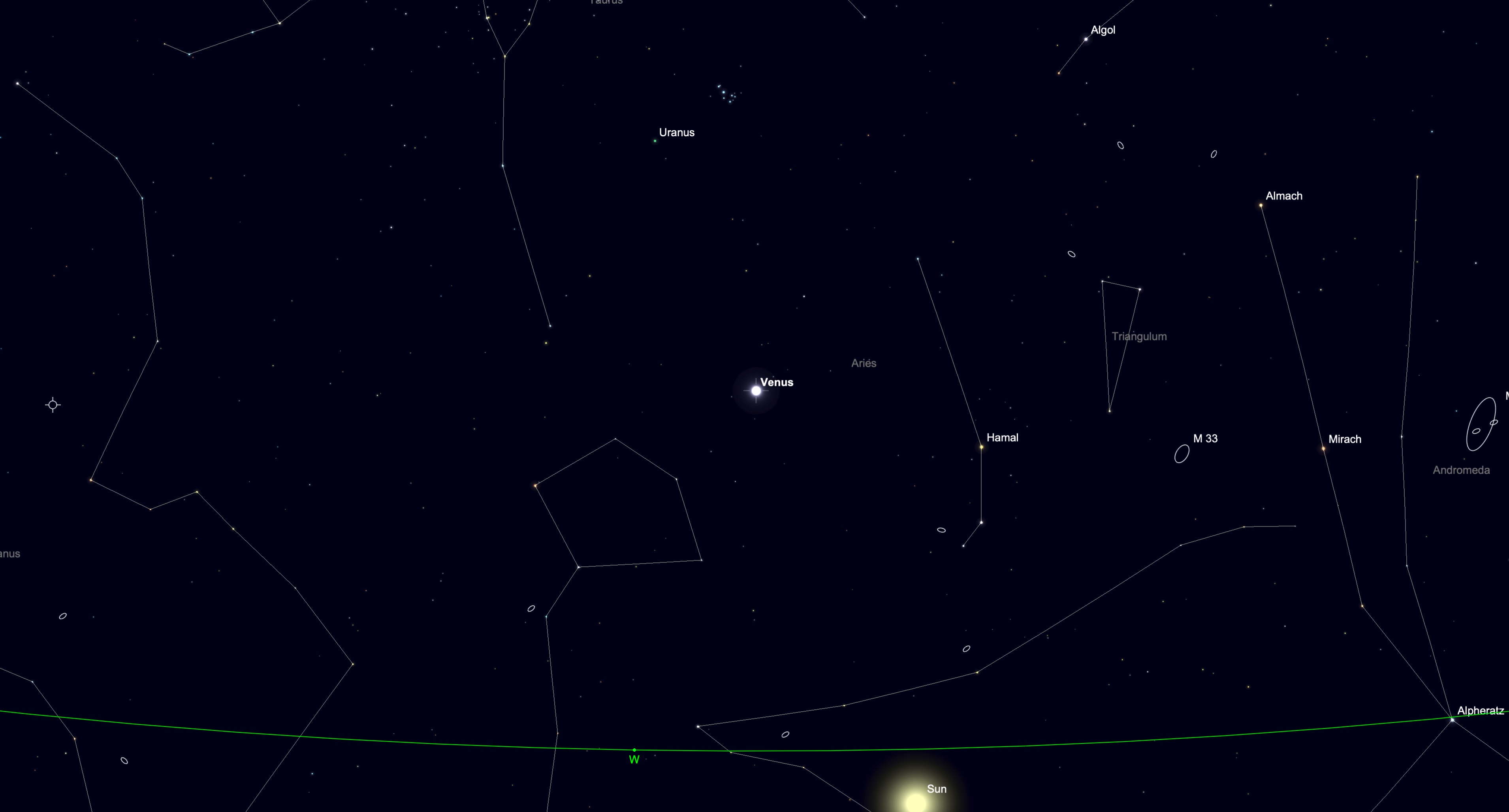A simulation of the night sky for April 11 showing the planet Venus above the western horizon. Uranus is visible above the bright planet, and the sun is shown at the bottom of the screen. The stars of major constellations are connected by white lines in a black sky dotted with lesser stars.