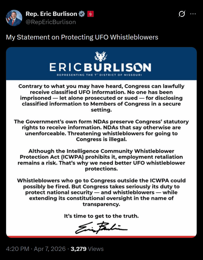 [Rep. Burlison] My Statement on Protecting UFO Whistleblowers